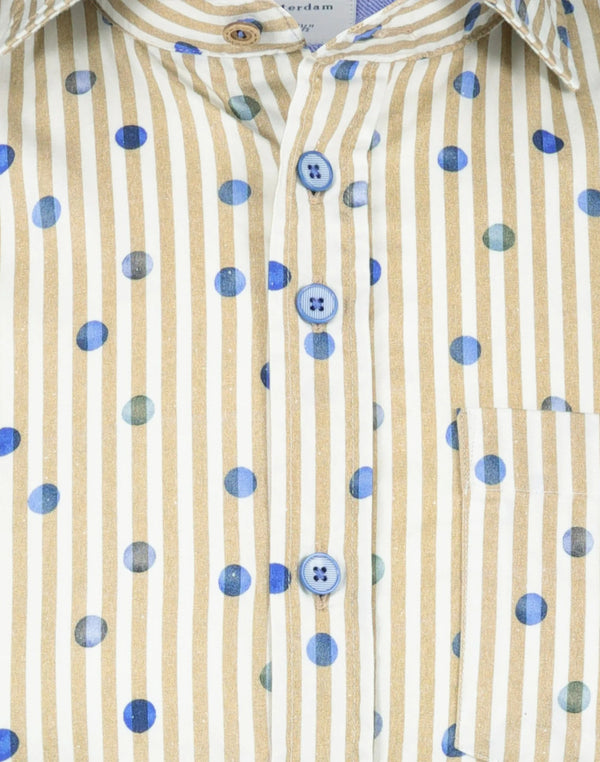 R2 Amsterdam Tan/White Stripes Dot Print Organic Cotton Stretch Short Sleeve Shirt