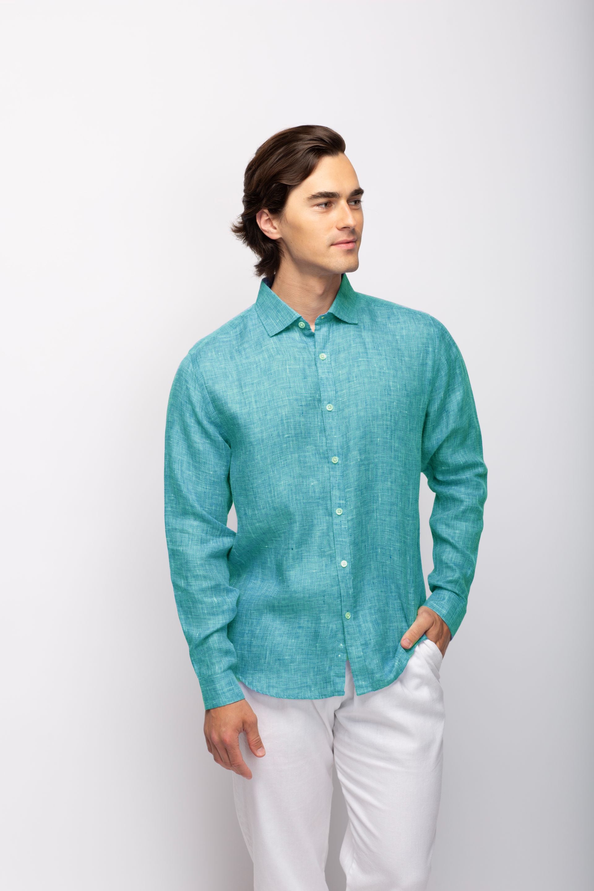 Stitch Note Turquoise European Linen Classic Long Sleeve Shirt – Taelor.Style Stitch Note Turquoise European Linen Classic Long Sleeve Shirt – Taelor.Style