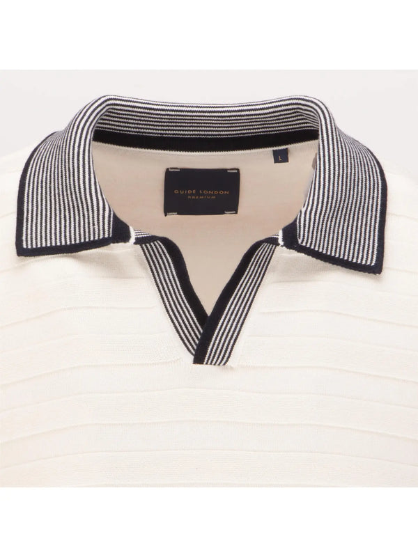 Guide London Cream Tonal Stripe Rib Knit Buttonless Short Sleeve Polo