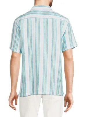 Stitch Note Sky Blue Stripe Linen Camp Vacation Shirt