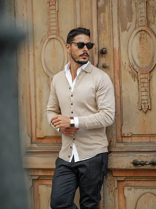 Donato Tan Knit Long Sleeve Button Up Cardigan Taelor.Style