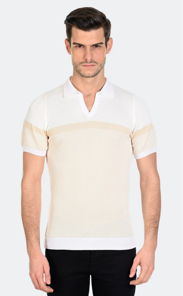 LCR Cream & Beige Colorblock Knit Short Sleeve Polo