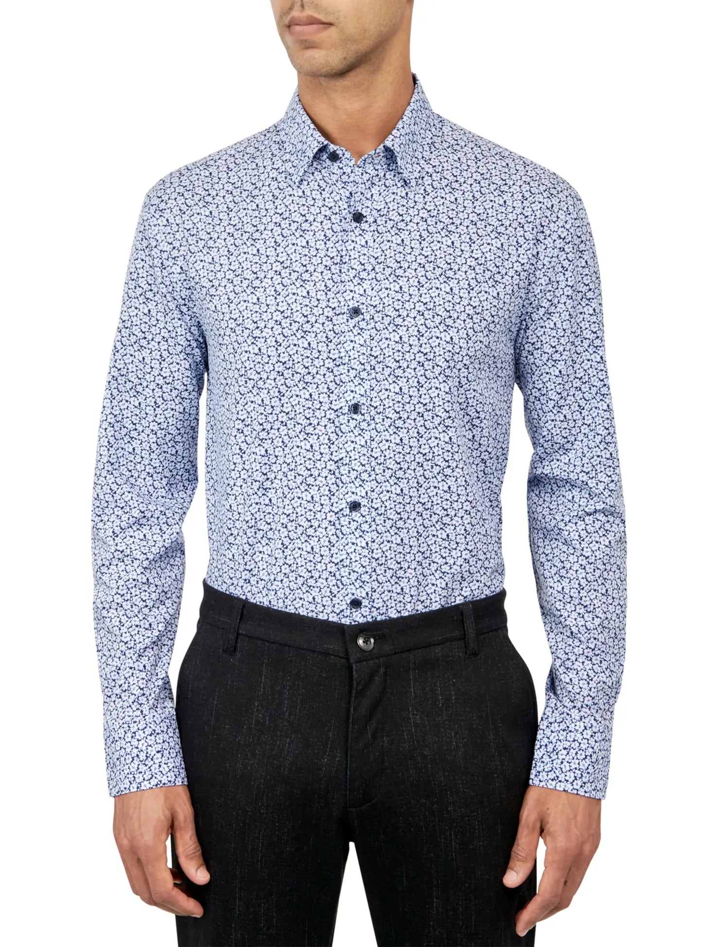 W.R.K Navy With White Floral Printed Long Sleeve Dress Shirt Taelor.Style W.R.K Navy With White Floral Printed Long Sleeve Dress Shirt Taelor.Style