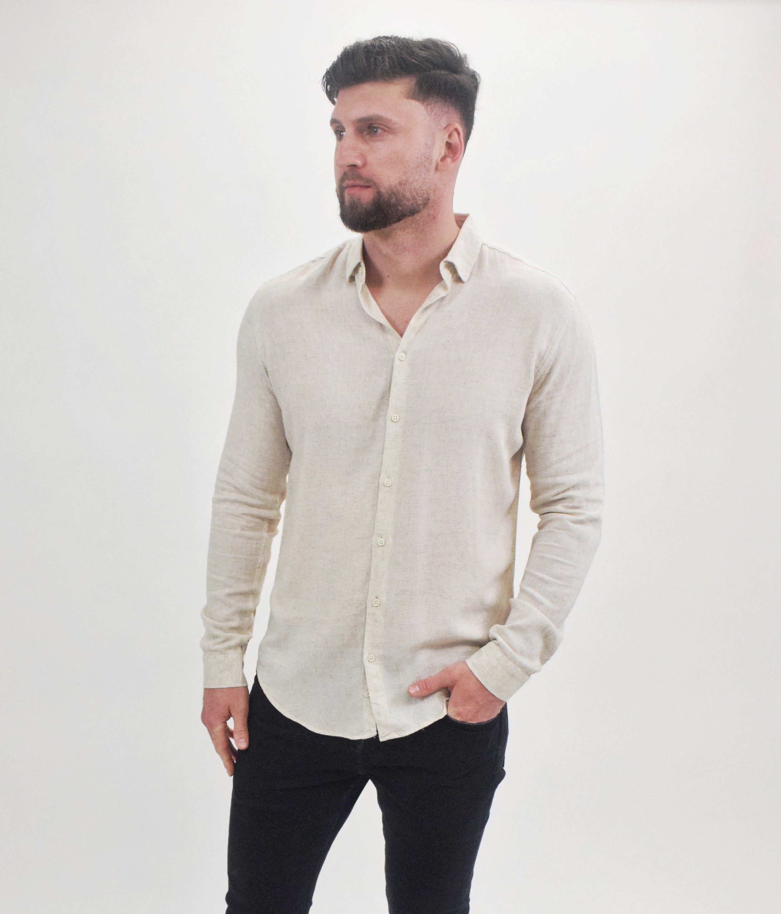 Suit Sartoria Beige Linen Blend Textured Long Sleeve Button Up Shirt Taelor.Style Suit Sartoria Beige Linen Blend Textured Long Sleeve Button Up Shirt Taelor.Style