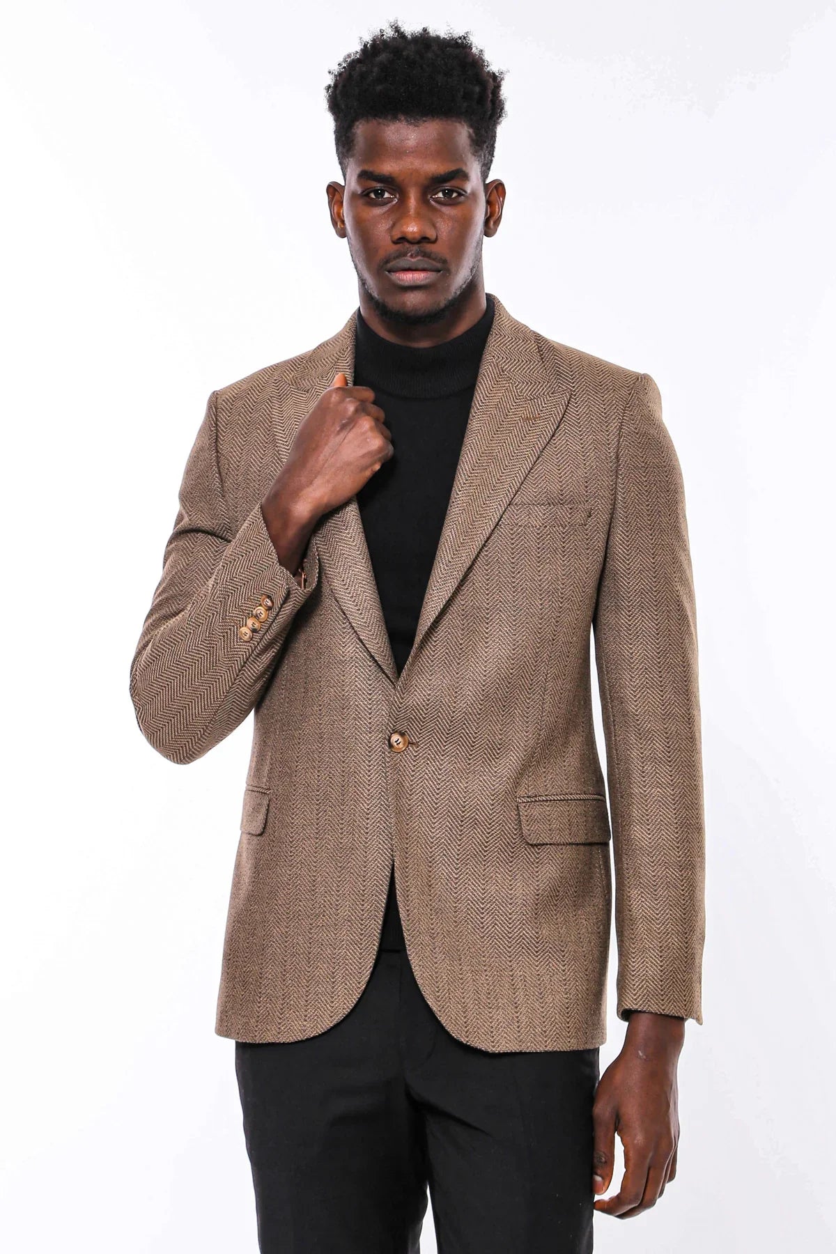 Wessi Brown with Three Front Pockets Herringbone Blazer Taelor.Style Wessi Brown with Three Front Pockets Herringbone Blazer Taelor.Style