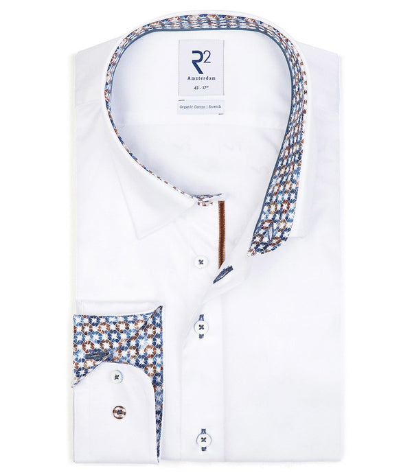 R2 Amsterdam White Wine Print Detail 2 PLY Organic Cotton Long Sleeve Button Up Shirt