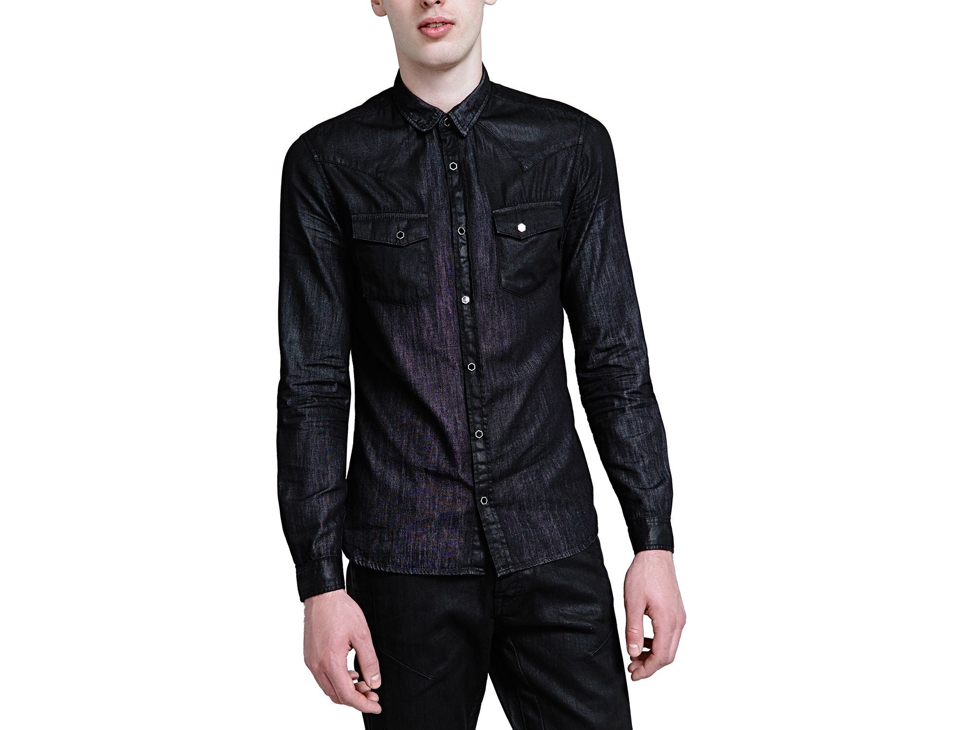 The Kooples Black Waxed Denim Snap Front Shirt –