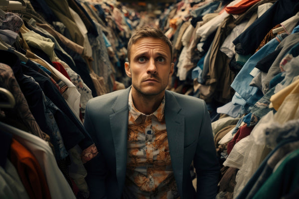 Man standing in middle of clothing pile