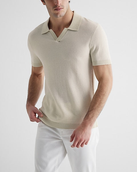 ,Express, Express Cream Houndstooth Print Short Sleeve Polo, Cream, Medium-41-TagL