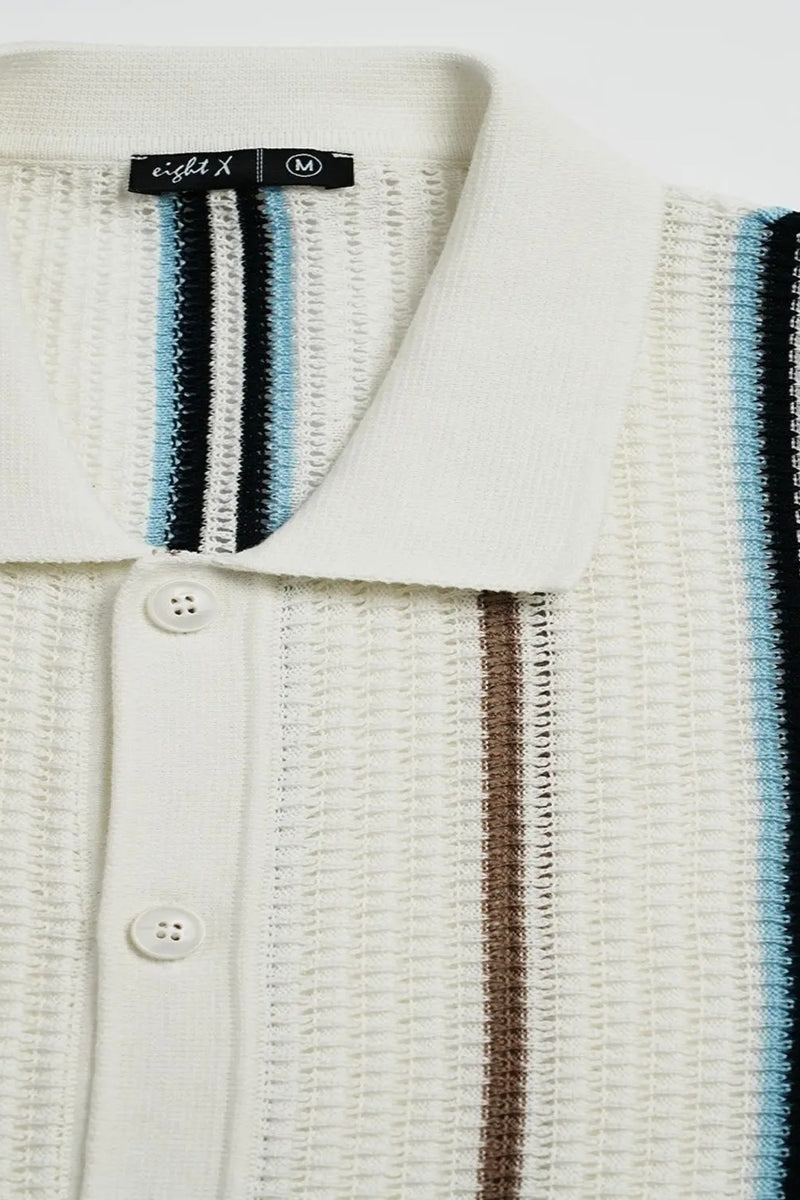 Faire,Eight X, Eight X White Multi Striped Crochet Shirt, White, Extra Large-44-TagXLExtra Extra Large-46-TagXXLExtra Extra Extra Large-48-Tag3XL