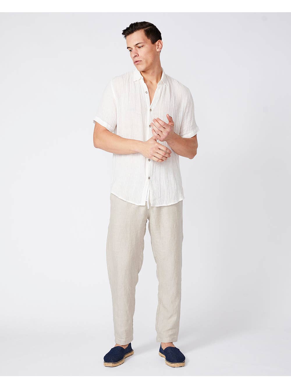 Faire,Merlino Street, Merlino Street Cream Linen Short Sleeve Button Up Shirt, Cream, Medium-43-TagM
