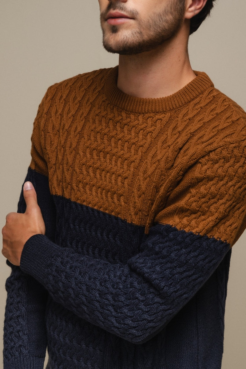 Faire,SMF, SMF Brown/Navy Colorblock Jacquard Knit Sweater, Brown, Medium-42-TagMLarge-44-TagLExtra Large-46-TagXLExtra Extra Large-48-TagXXL