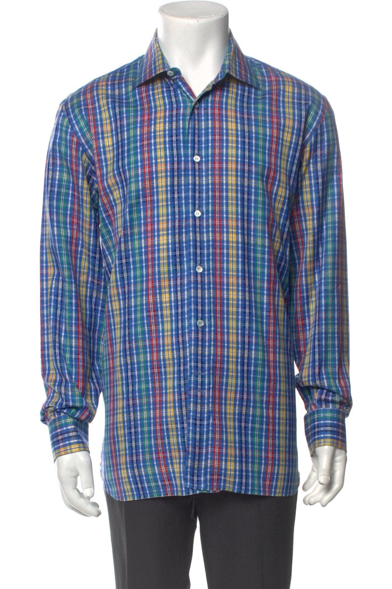 RealReal,Paul Stuart, Paul Stuart Blue Multi Plaid Print Long Sleeve Dress Shirt, Blue, Large-46-TagL