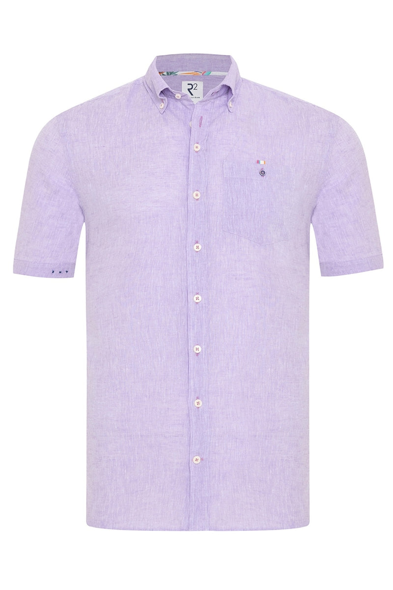Direct From Brand,R2 Amsterdam, R2 Amsterdam Purple Linen Short Sleeve Blend Shirt, Purple, Extra Extra Large-53-TagXXL