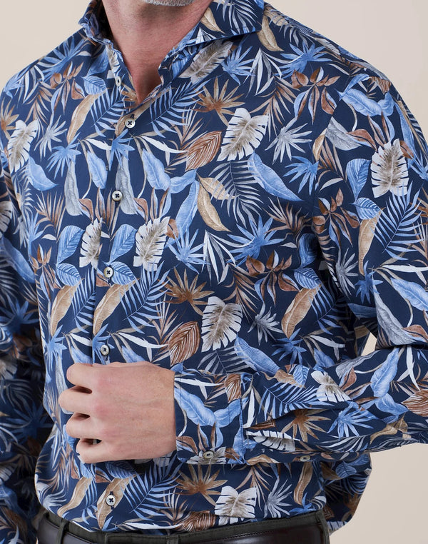 R2 Amsterdam Navy Tropical Print Long Sleeve Button Up