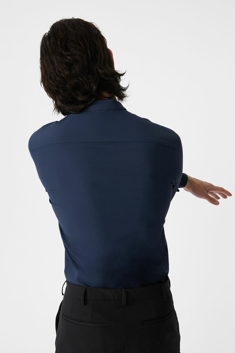 Direct From Brand,FYNE, FYNE Navy Four-way Stretch Stand Collar Long Sleeve Shirt, Blue, Small-40-TagM