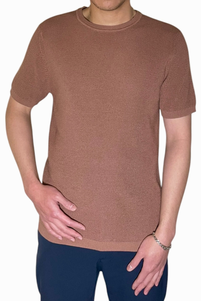 Wholesale,HEDGE, HEDGE Rosewood Knit Textured Tee, Brown, Extra Extra Large-50-TagXXLExtra Large-48-TagXLLarge-45-TagLMedium-42-TagMSmall-40-TagS