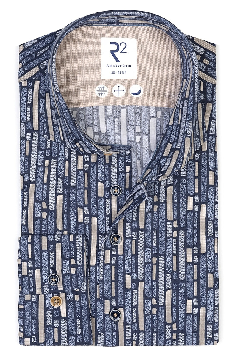 Direct From Brand,R2 Amsterdam, R2 Amsterdam Navy/Tan Sofa Print Cotton Shirt, Blue, Medium-44-Tag41