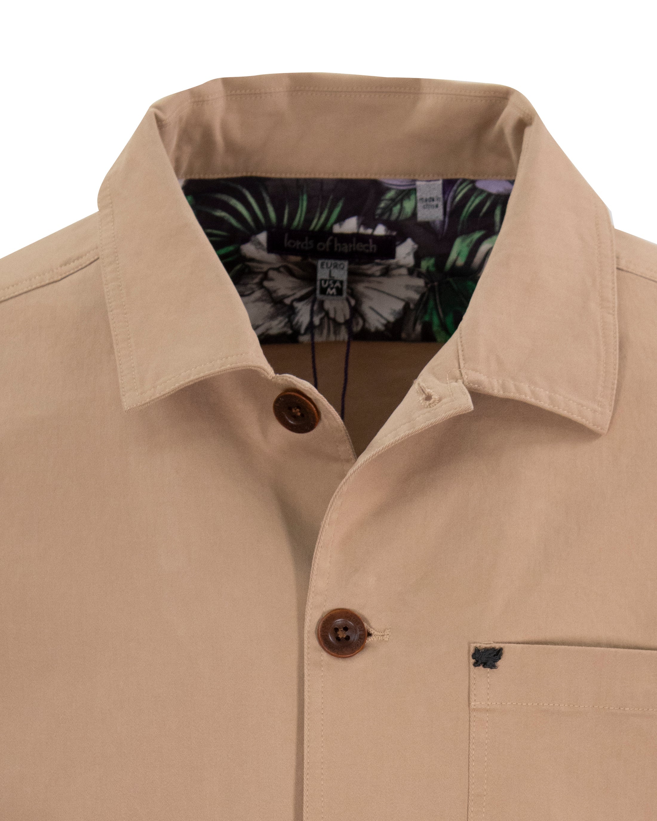 Brand Partner,Lords of Harlech, Lords of Harlech Sand Printed Interior Butter Cotton Fabric Louis Shacket, Tan, Medium-45-TagM