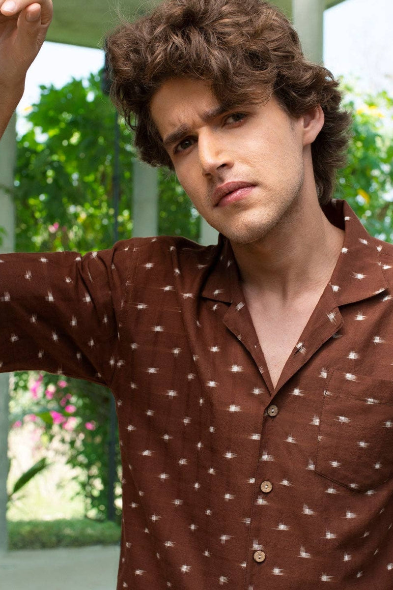 Faire,Pali, Pali Brown Wood Chips Cuban Collar Handwoven Ikat Shirt, Brown, Medium-42-TagM
