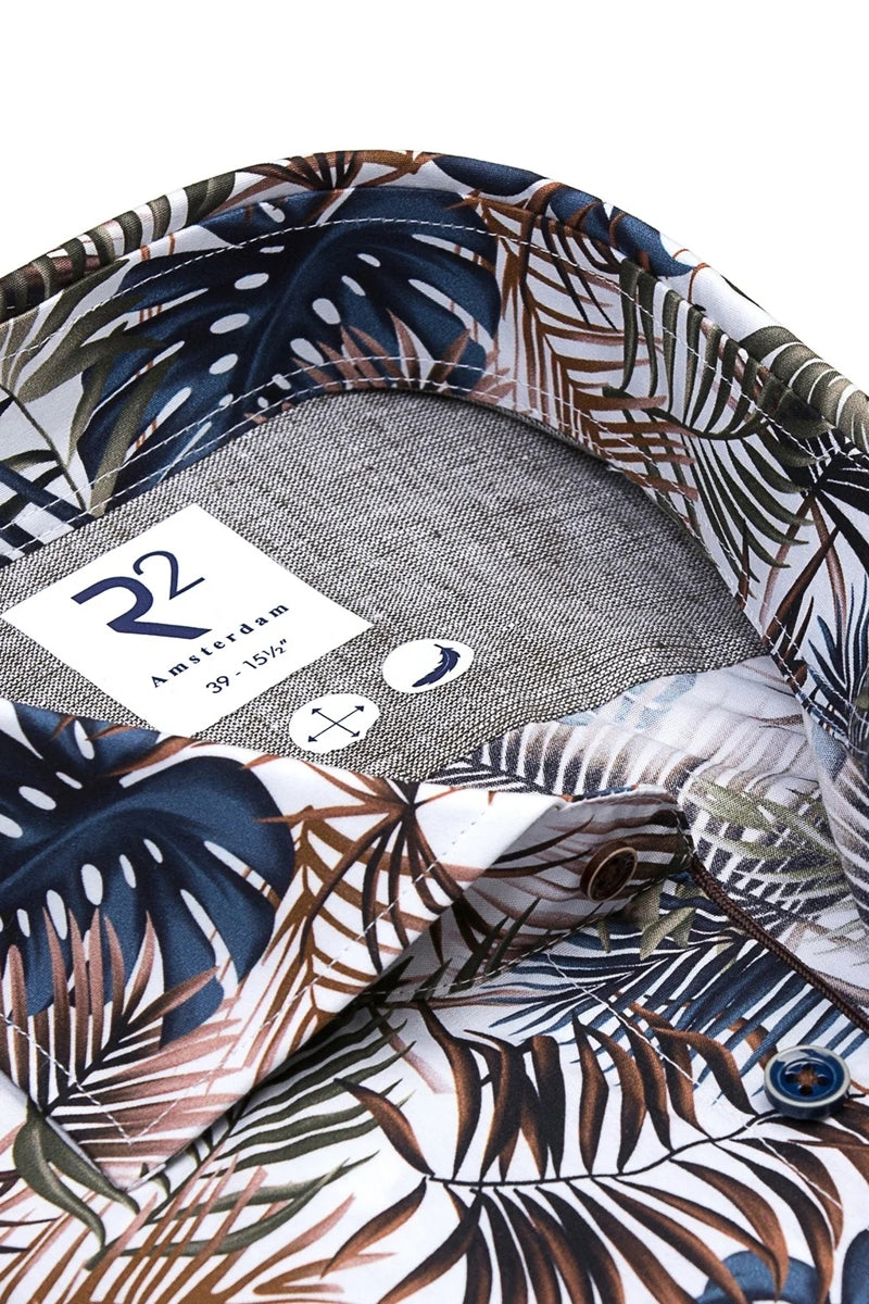 Direct From Brand,R2 Amsterdam, R2 Amsterdam Brown Multi Tropical Print Poplin Shirt, Brown, Large-46-Tag42Extra Large-48-Tag43Extra Extra Large-53-Tag46
