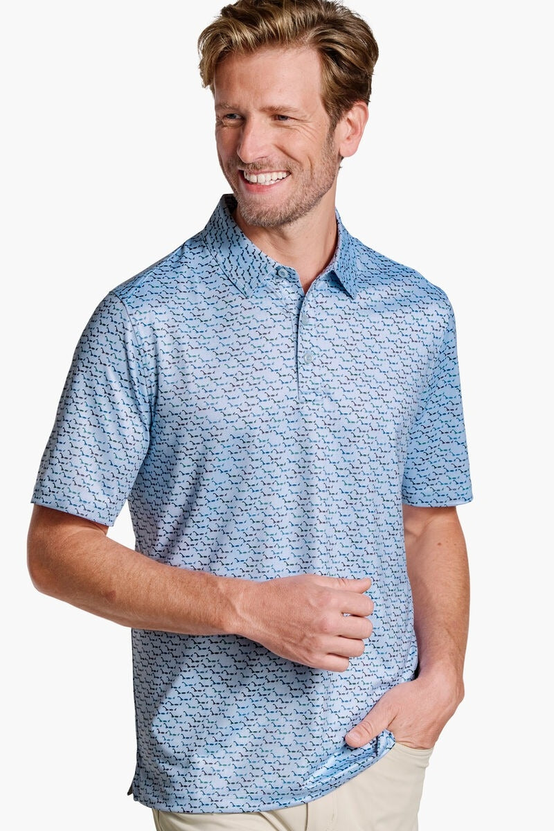 Wholesale,Johnston & Murphy, Johnston & Murphy Light Blue Water Monster Print Performance Polo, Blue, Extra Large-50-TagXLMedium-44-TagMLarge-48-TagL