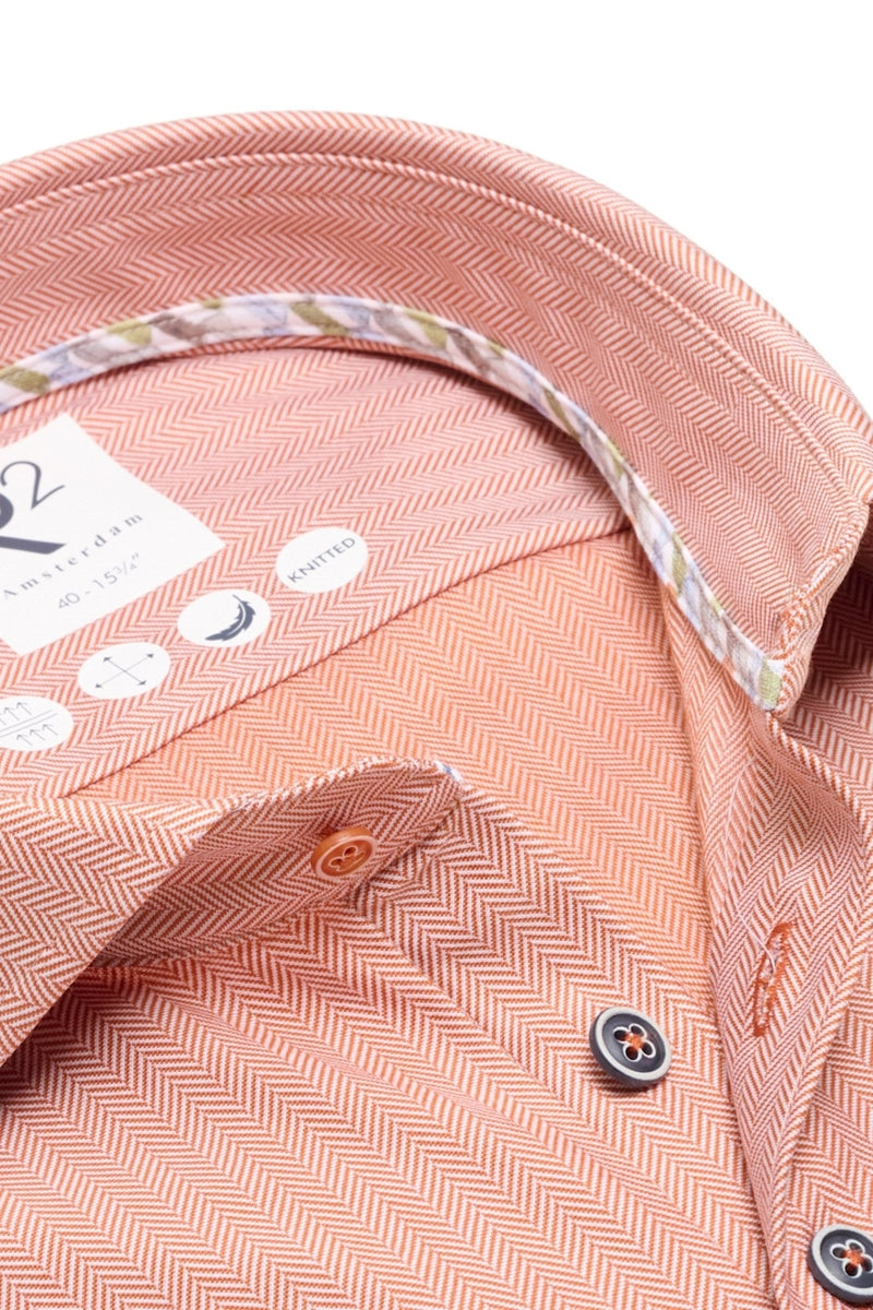 Direct From Brand,R2 Amsterdam, R2 Amsterdam Orange Herringbone Knitted Shirt, Orange, Medium-43-Tag40