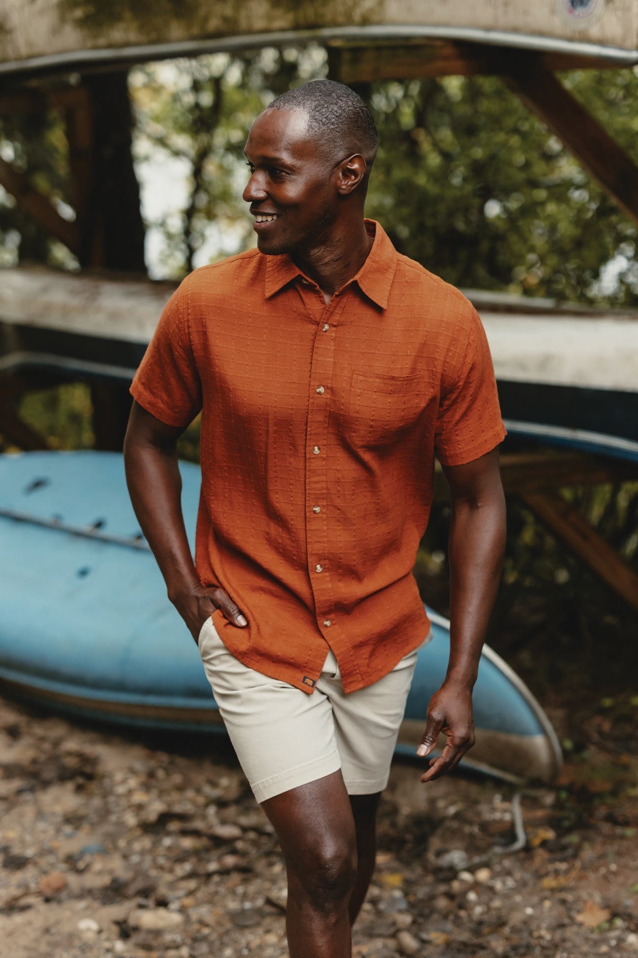 Wholesale,The Normal Brand, The Normal Brand Dark Ginger Stripe Freshwater Short Sleeve Button Up Shirt, Brown, Medium-44-TagMLarge-46-TagLExtra Large-49-TagXLExtra Extra Large-54-TagXXLSmall-41-TagS