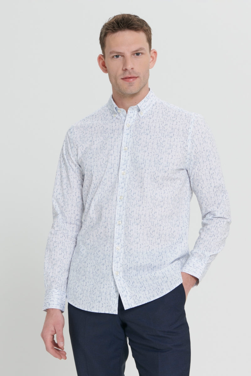 Wholesale,Altinyildiz Classics, Altinyildiz Classics White/Navy Printed Dobby Slim Fit Shirt, White, Medium-41-TagM