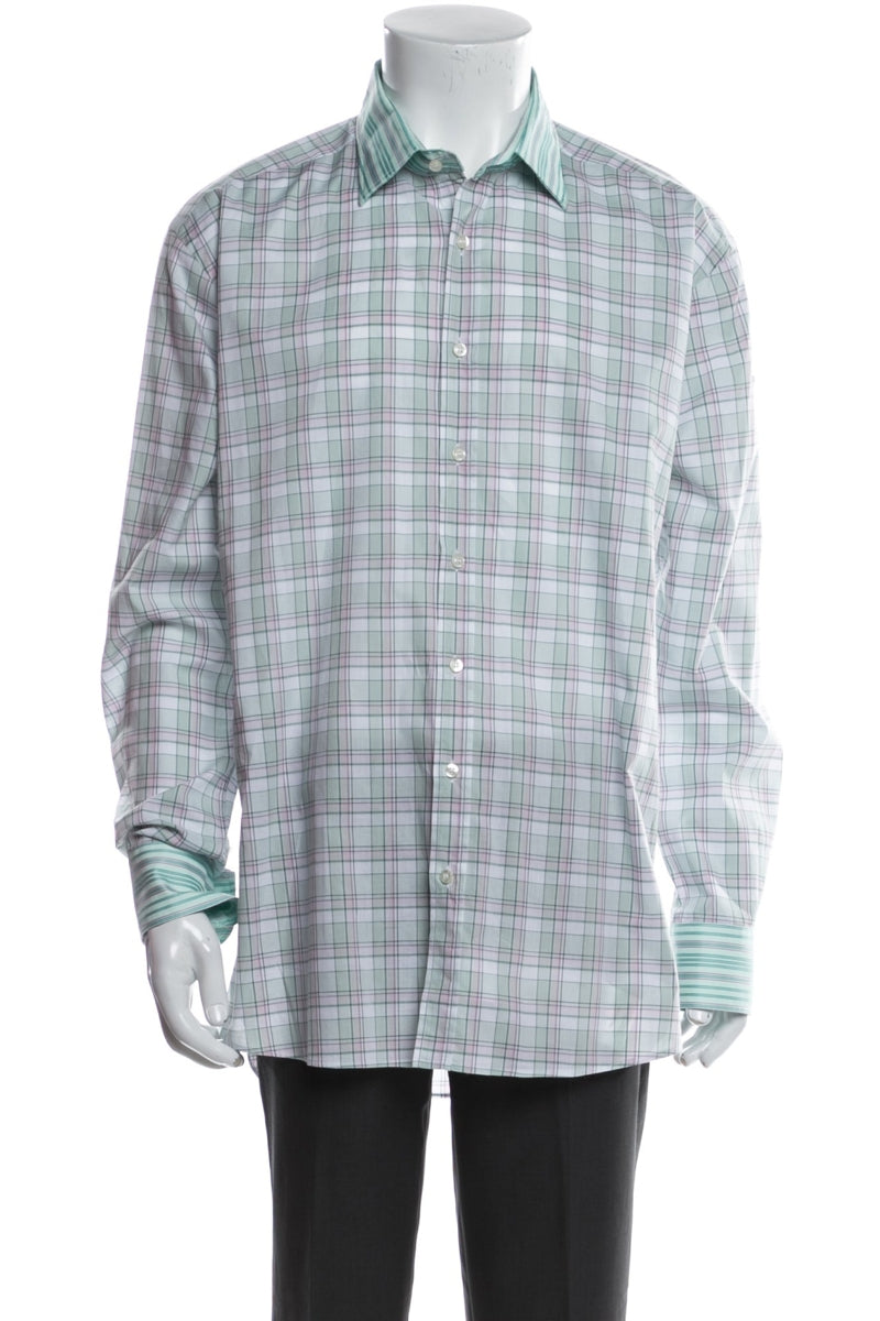 RealReal,Etro, Etro Pastel Green Plaid Print Long Sleeve Dress Shirt, Green, Medium-44-TagXXL