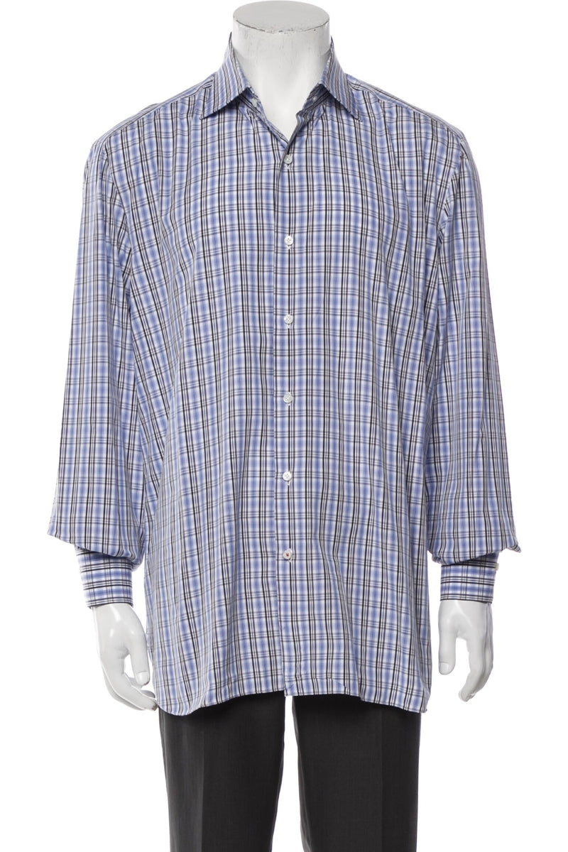 RealReal,Isaia, Isaia Blue/Grey Plaid Print Long Sleeve Dress Shirt, Blue, Extra Extra Large-50-TagXXL