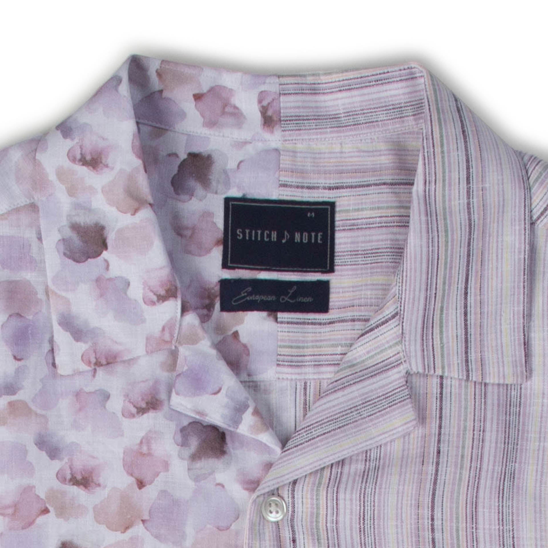 Brand Partner,Stitch Note, Stitch Note Violet Half Watercolor Print Half Vertical Stripe European Linen Split Body Shirt, Purple, Small-40-TagSMedium-42-TagMMedium-44-TagLLarge-46-TagXLExtra Large-48-TagXXL