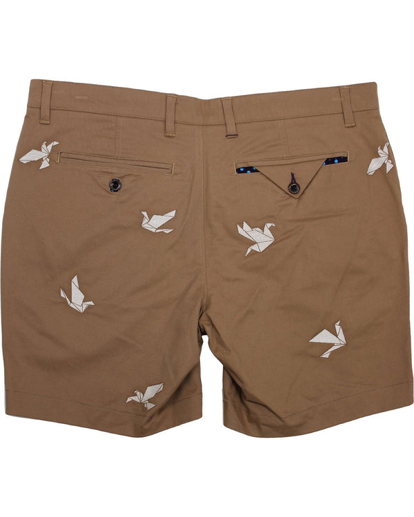 Lords of Harlech Khaki Embroidered Origami Birds Edward 7" Shorts with Butter Fabric in Peached Stretch Twill