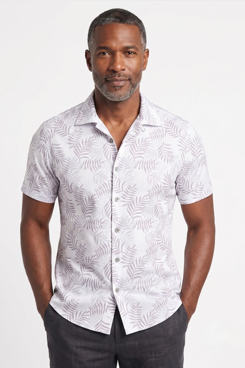 Faire,W.R.K., W.R.K Grey Tropical Print Camp Collar Performance Short Sleeve Shirt, Grey, Medium-42-TagM