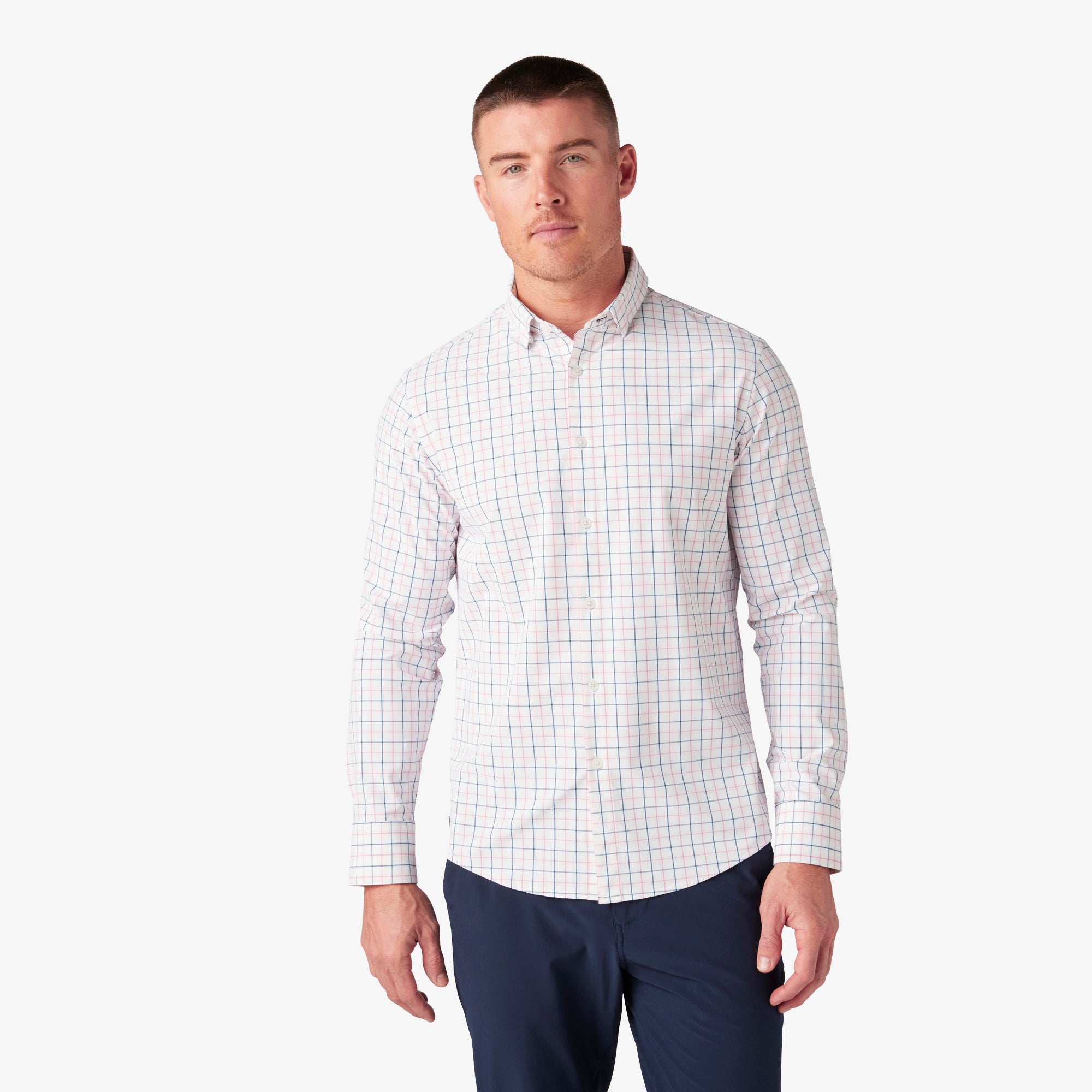 Wholesale,Mizzen + Main, Mizzen + Main Pink/Blue Plaid Trim No Tuck Dress Shirt, Pink, Medium-43-TagM