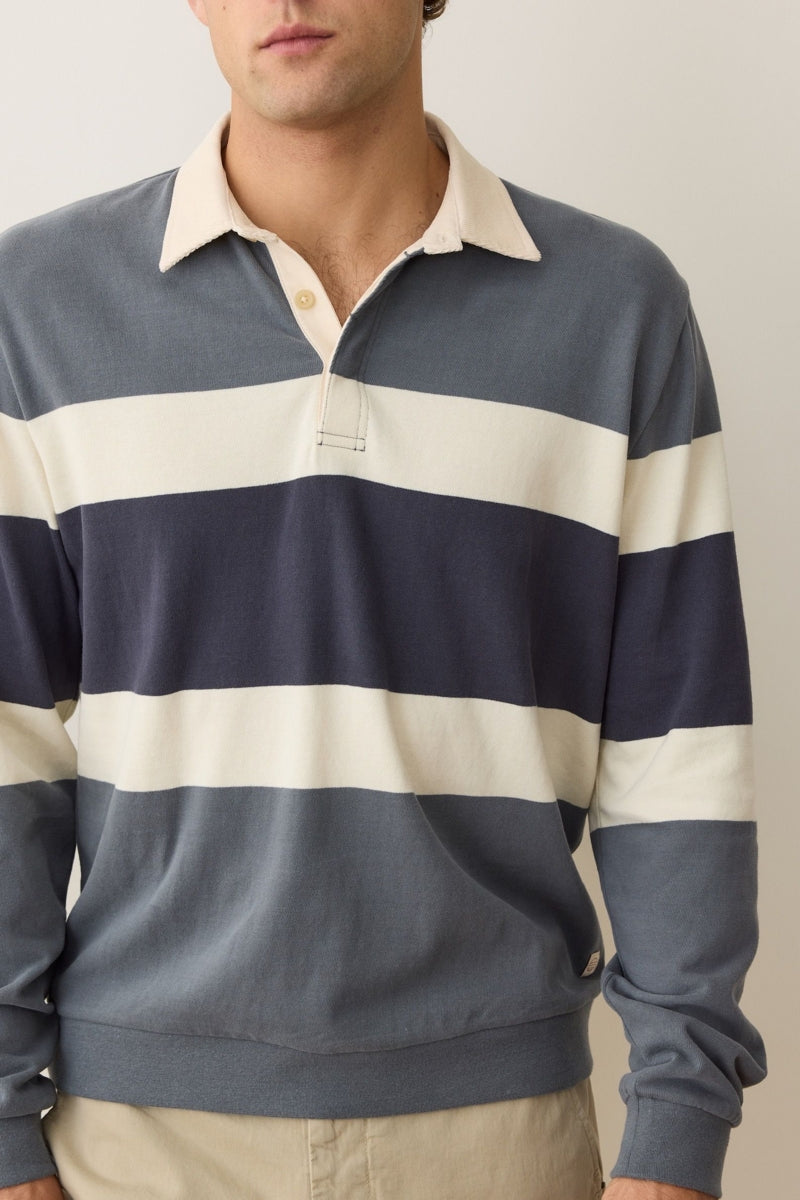 Wholesale,Marine Layer, Marine Layer Blue with Cream Colorblock Suede Rugby Polo, Blue, Small-42-TagSMedium-44-TagMLarge-47-TagLExtra Large-50-TagXL