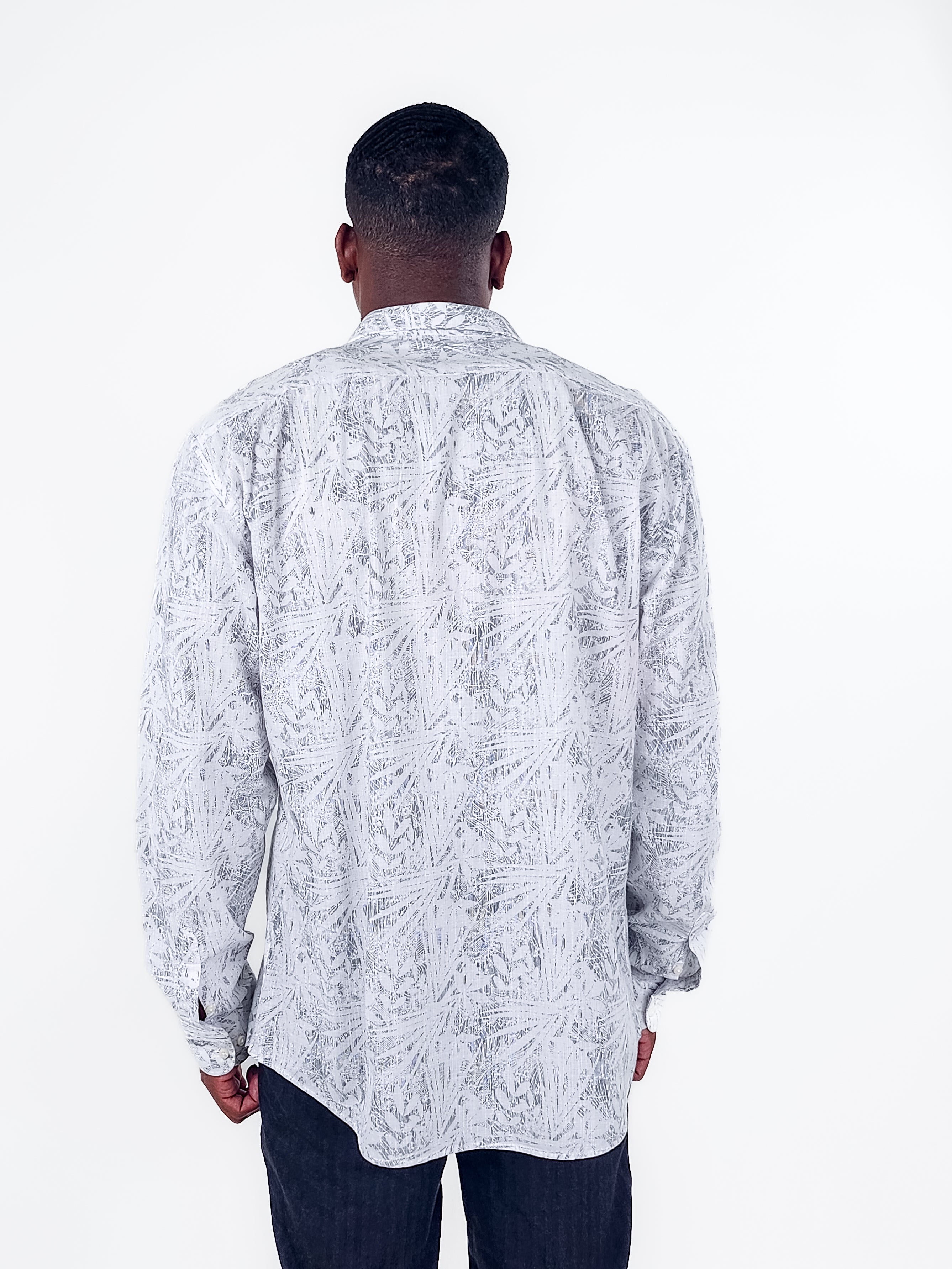 Wholesale,Suit Sartoria, Suit Sartoria White And Grey Abstract Floral Print Slim Fit Long Sleeve Button Up Shirt, White, Medium-43-TagM