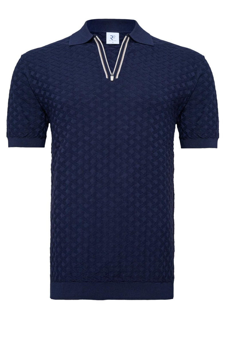 Direct From Brand,R2 Amsterdam, R2 Amsterdam Navy Zipper Closure Textured Polo, Blue, Small-38-TagSExtra Large-45-TagXLExtra Extra Large-48-TagXXL