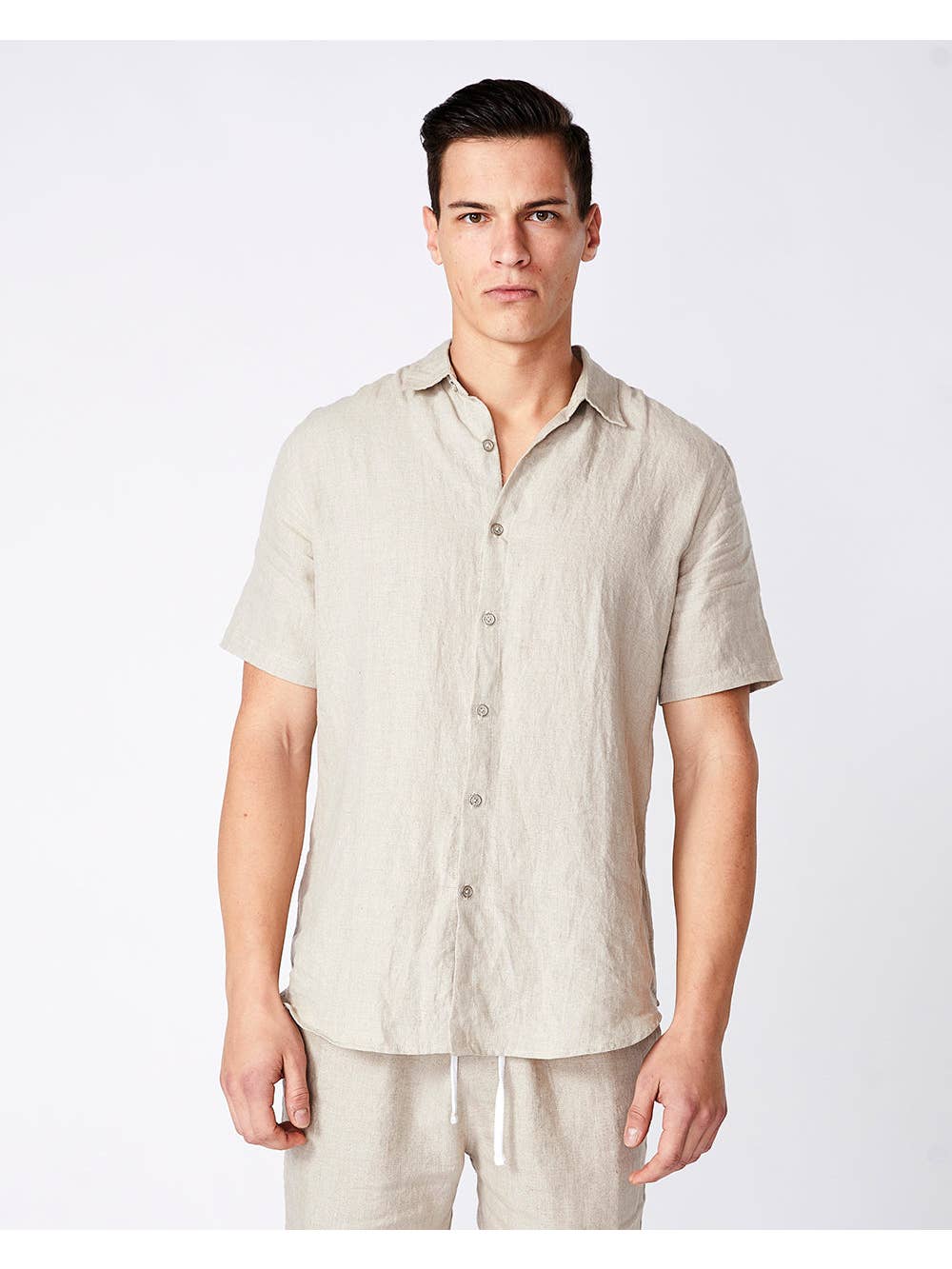 Faire,Merlino Street, Merlino Street Beige Linen Short Sleeve Button Shirt, Cream, Small-41-TagS