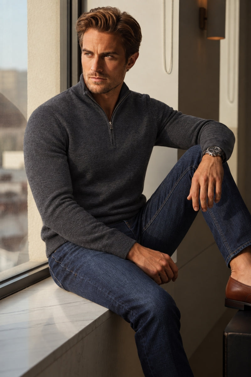 Wholesale,Luchiano Visconti, Luchiano Visconti Grey Solid Knit Qtr Zip, Grey, Medium-43-TagMLarge-45-TagLExtra Large-47-TagXL