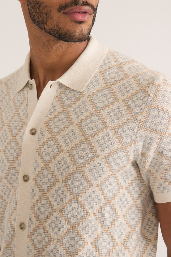 Wholesale,Marine Layer, Marine Layer Oatmeal Geo  Short Sleeve Sweater Shirt, Tan, Extra Extra Large-52-TagXXL