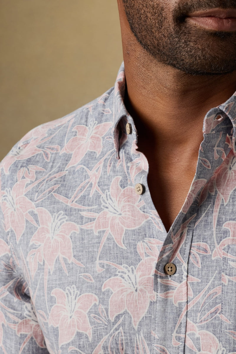 Wholesale,Faherty, Faherty Navy Red Lotus Print Shirt, Blue, Small-40-TagSMedium-43-TagMLarge-46-TagLExtra Large-49-TagXLExtra Extra Large-52-TagXXL