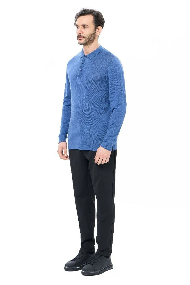 Wholesale,Luchiano Visconti, Luchiano Visconti Indigo 3-Button Tencel Long Sleeve Polo, Blue, Small-41-TagSMedium-43-TagMLarge-45-TagLExtra Large-48-TagXLExtra Extra Large-50-TagXXL