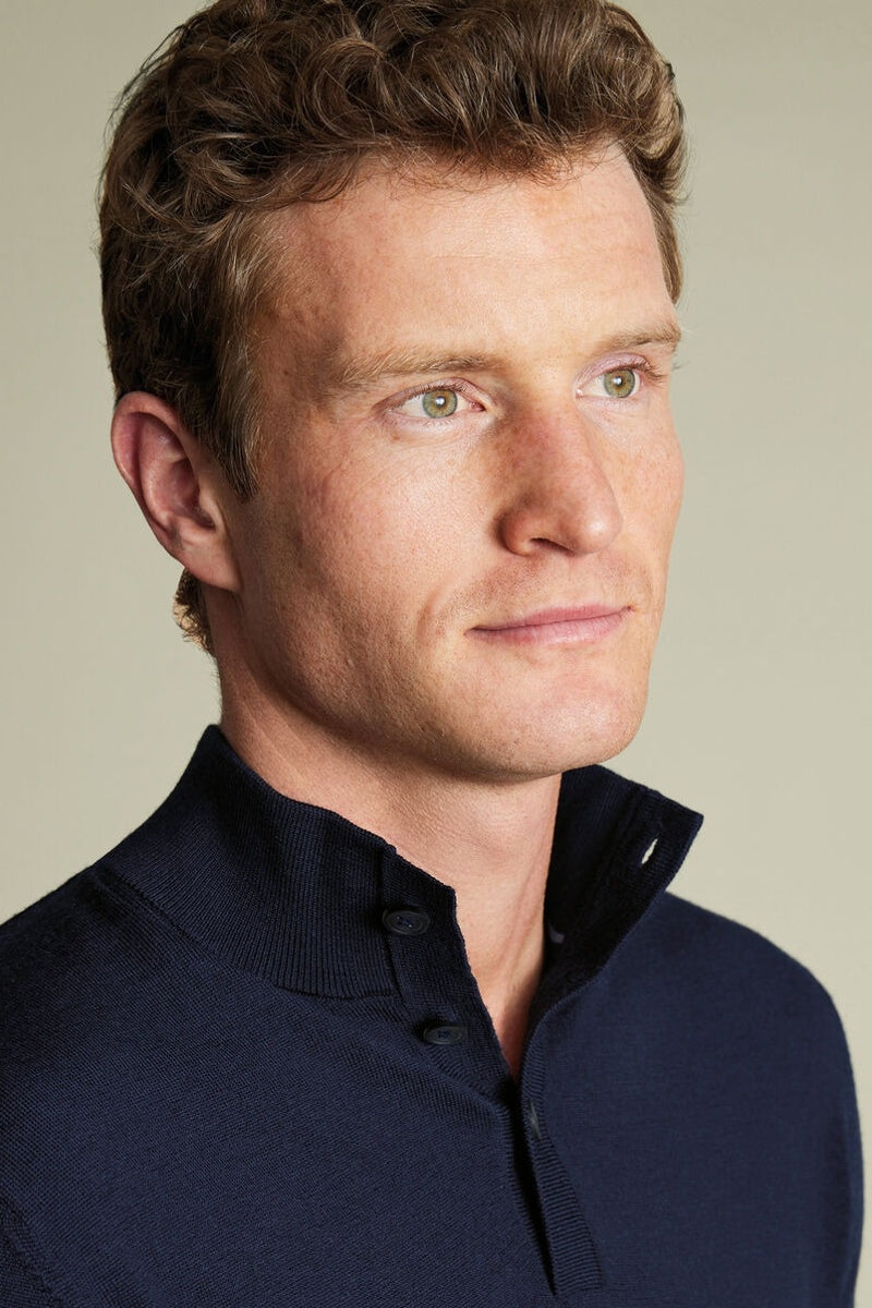 Wholesale,Charles Tyrwhitt, Charles Tyrwhitt Navy Pure Merino Wool Button Neck Pullover, Blue, Extra Large-48-TagXL