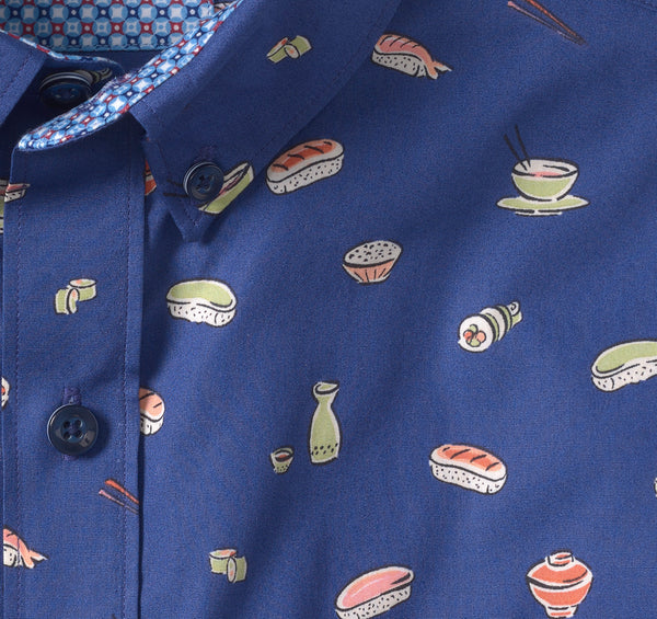 Johnston & Murphy Navy Sushi Print Cotton Short Sleeve Shirt with Contrast Facing