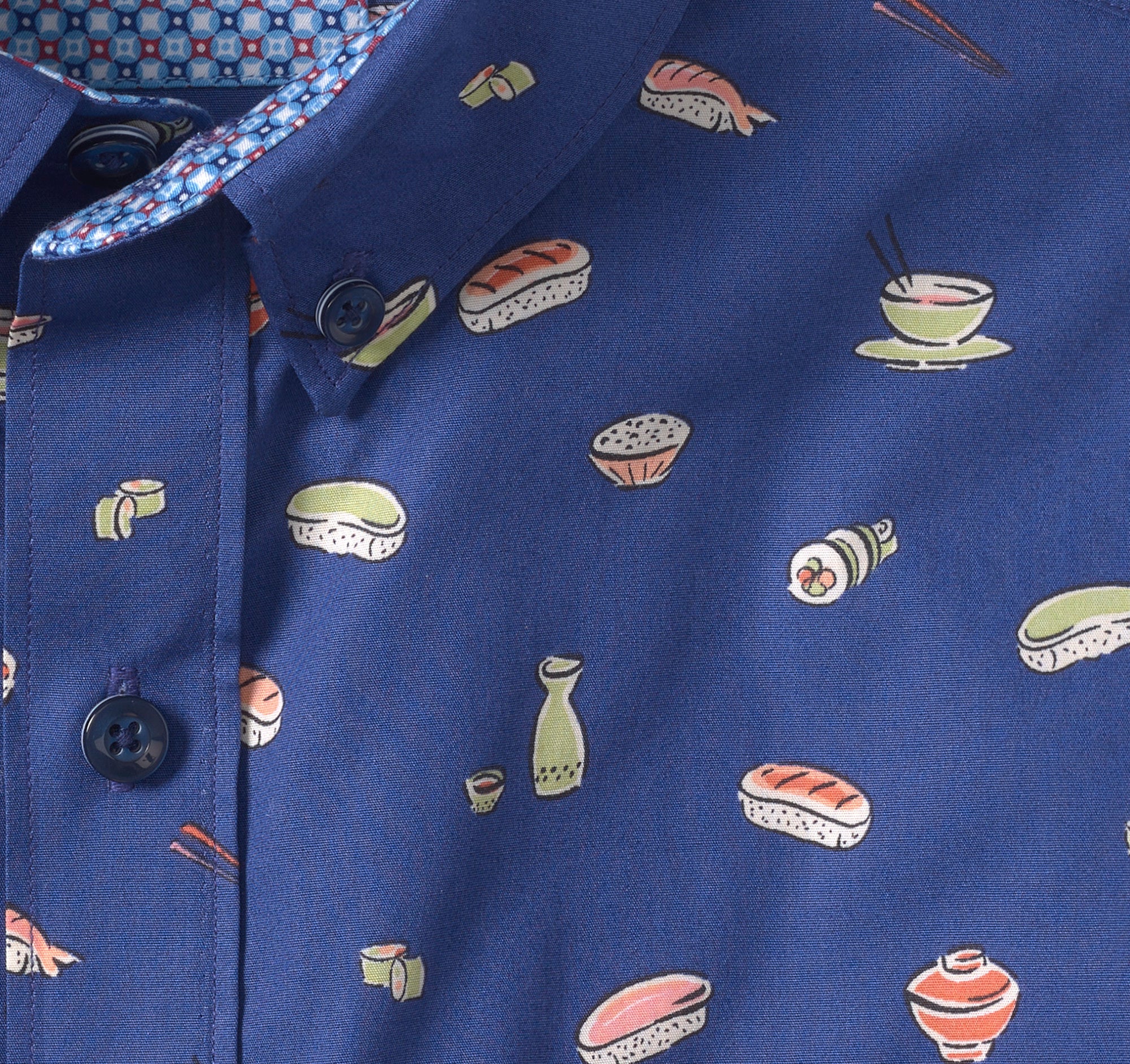 Wholesale,Johnston & Murphy, Johnston & Murphy Navy Sushi Print Cotton Short Sleeve Shirt with Contrast Facing, Blue, Medium-45-TagM