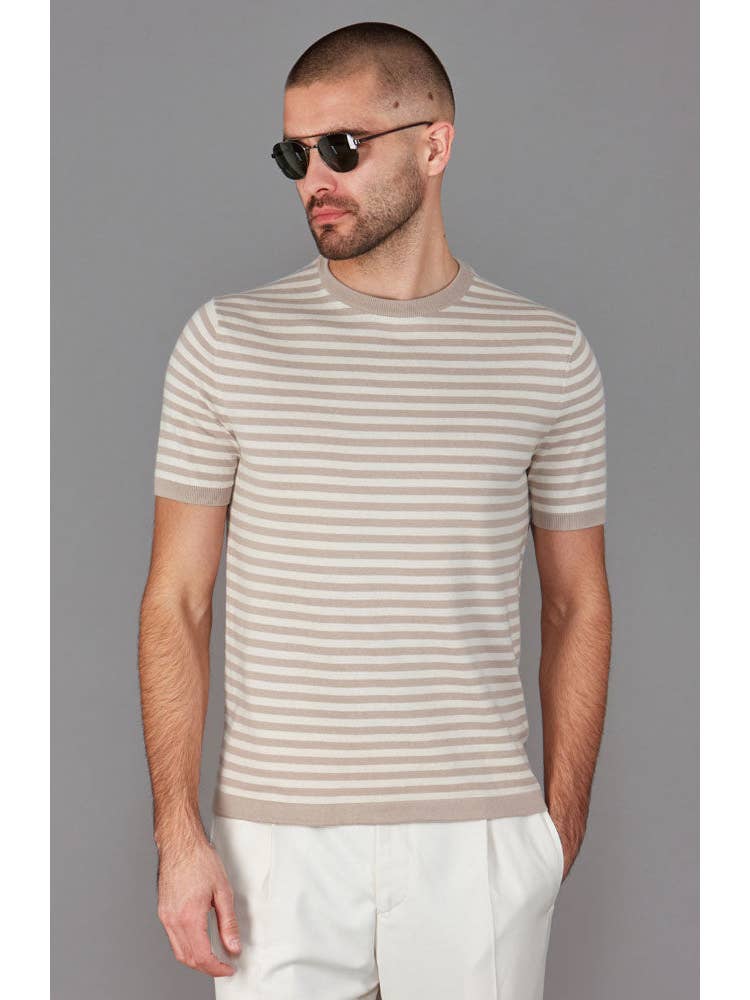 Faire,Paul James, Paul James Tan Knit Cotton Breton Stripe T-Shirt, Tan, Medium-40-TagM