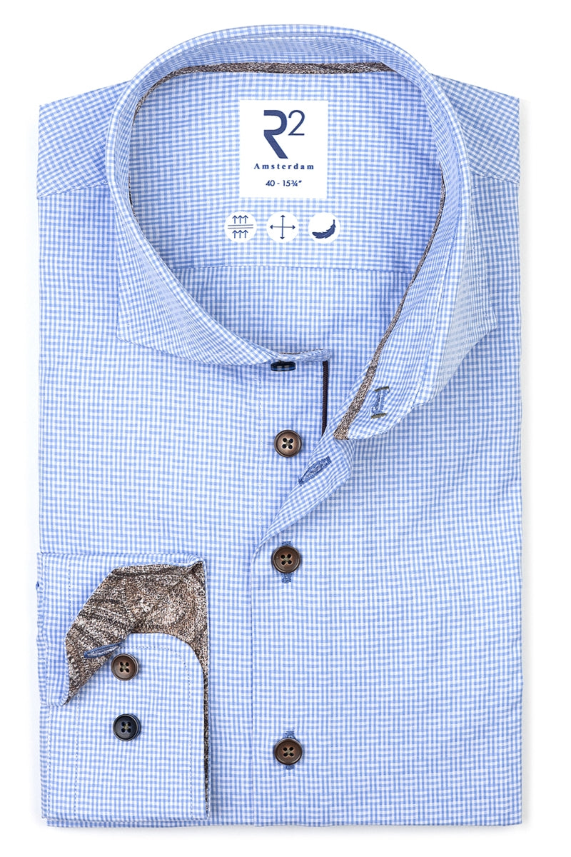 Direct From Brand,R2 Amsterdam, R2 Amsterdam Light Blue Plaid Printed Shirt, Blue, Medium-43-Tag40