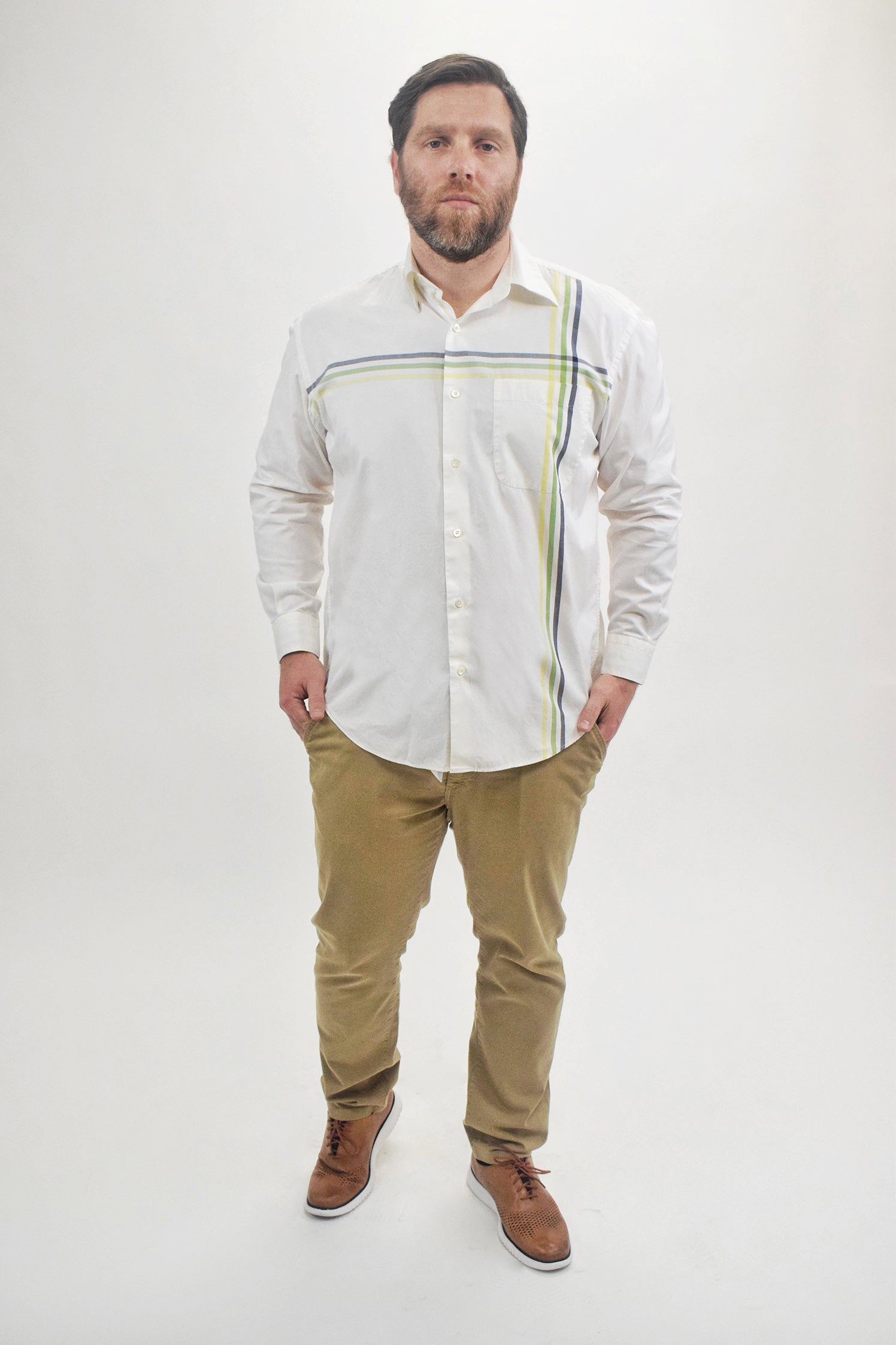 The RealReal,Burberry, Burberry White With Green Grey & Yellow Multi Colored Frontal Striped Button Up Shirt, White, Extra Extra Large-53-TagL
