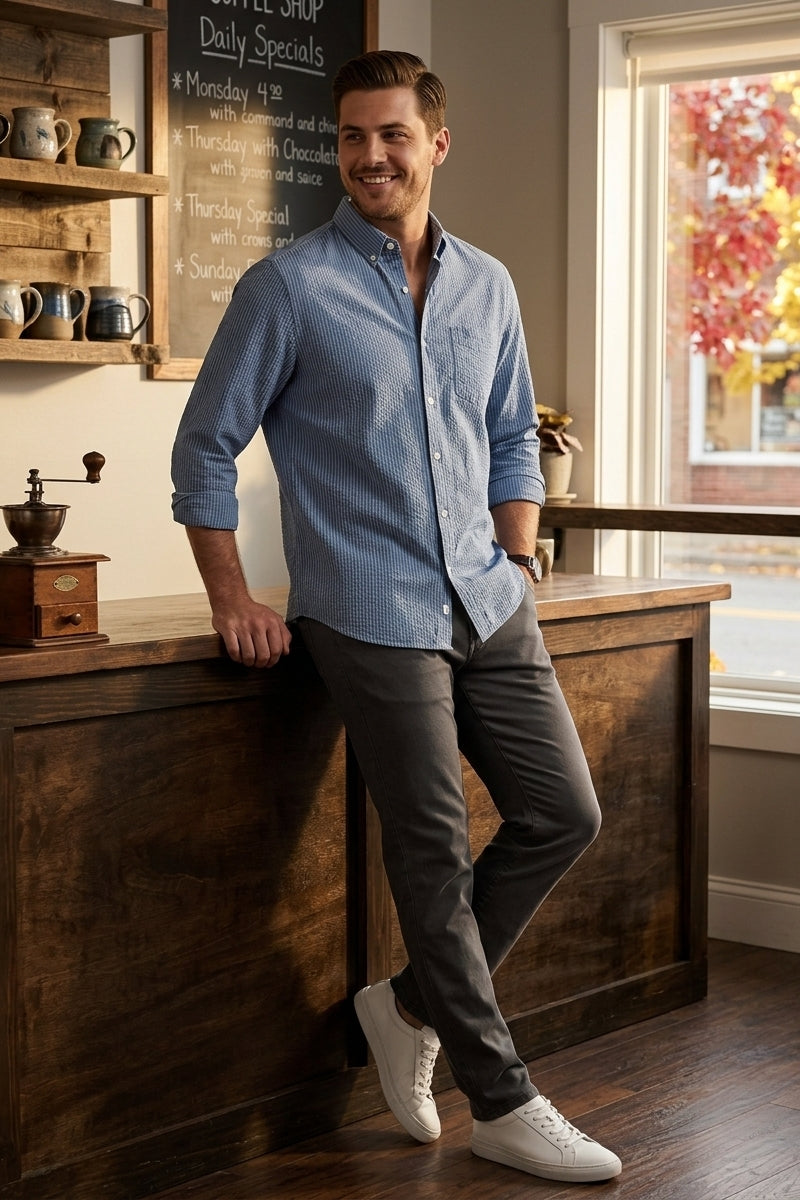 Wholesale,Bonobos, Bonobos Blue Shadow Dyed Seersucker Slim Fit Shirt, Blue, Small-40-TagSMedium-42-TagMLarge-45-TagLExtra Large-48-TagXL